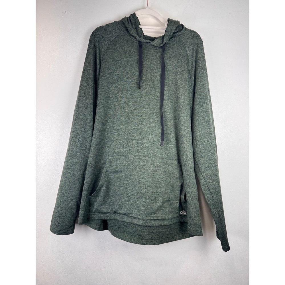 Alo Yoga Mens Conquer Hoodie XL Green Heathered Pullover Stretch RN87370